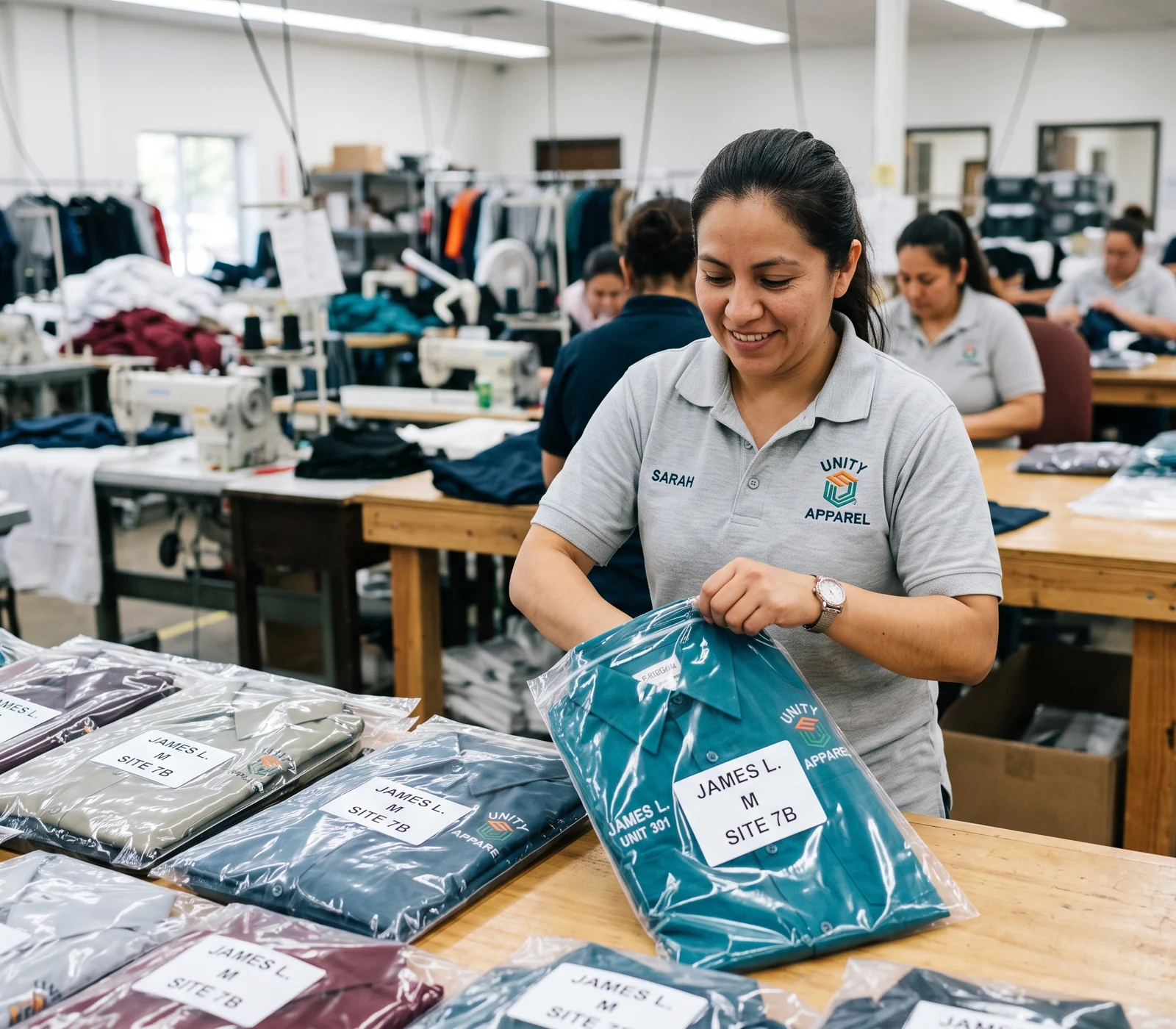 Packer placing a folded shirt into a bag labelled with an employee name, size and site