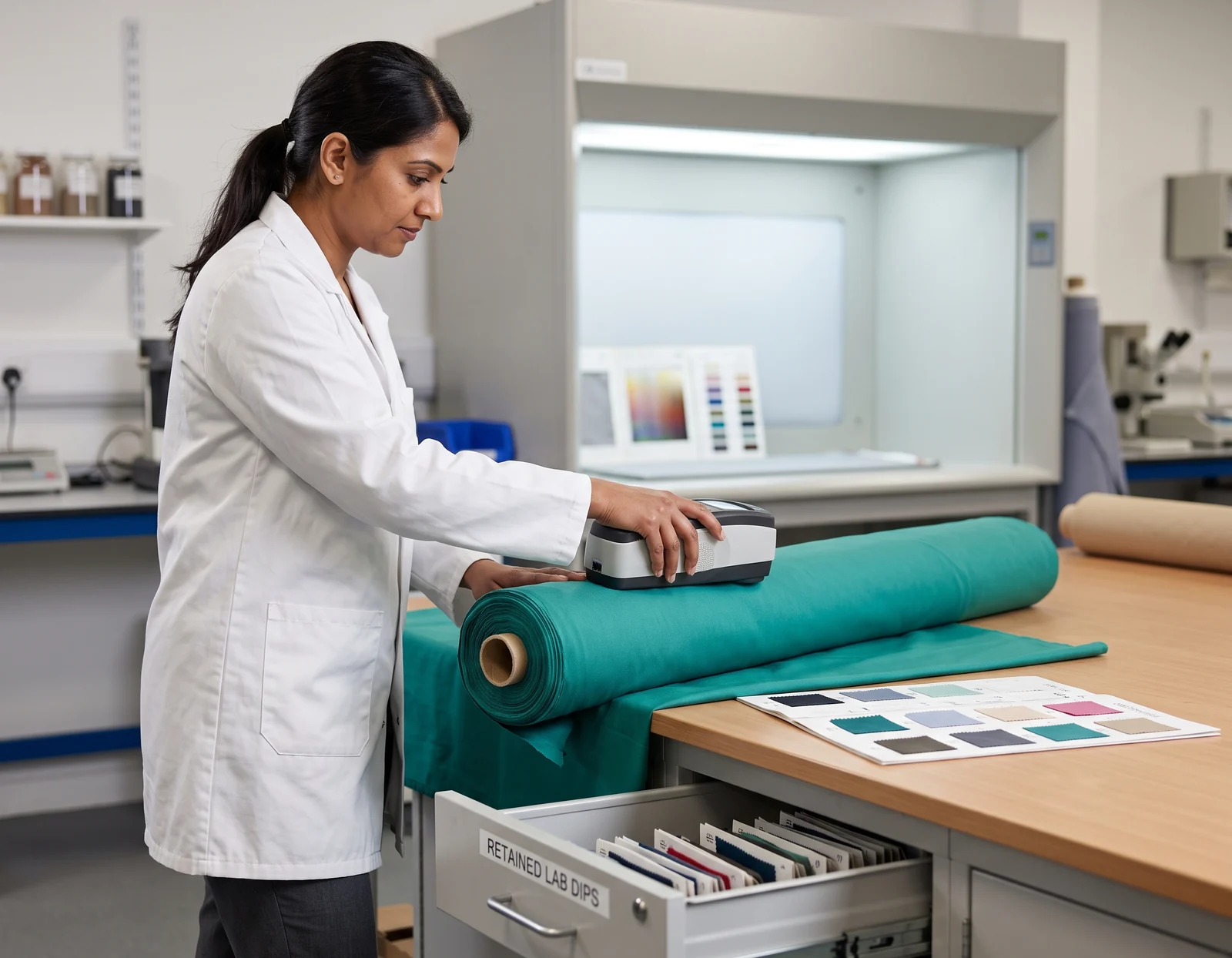 Colour lab technician pressing a spectrophotometer onto an uncut roll of teal fabric beside a lab-dip card