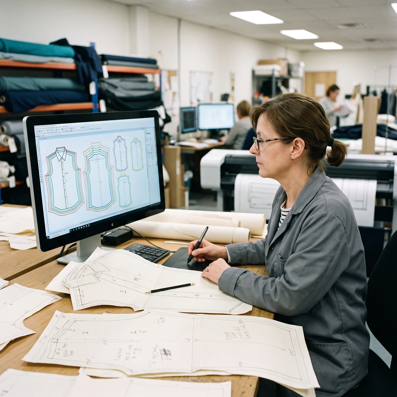 Pattern maker adjusting a graded pattern on a CAD screen next to paper patterns
