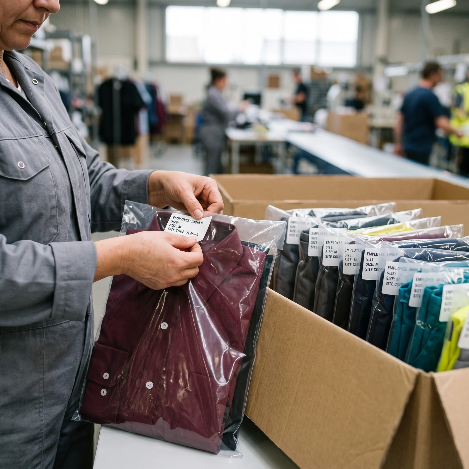 Name, size and site label being applied to an individual employee pack