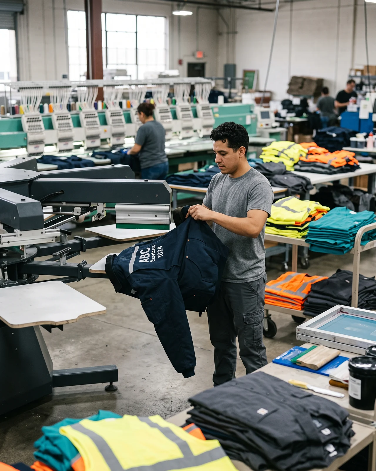 Operator running an automatic carousel screen-print press on work jackets