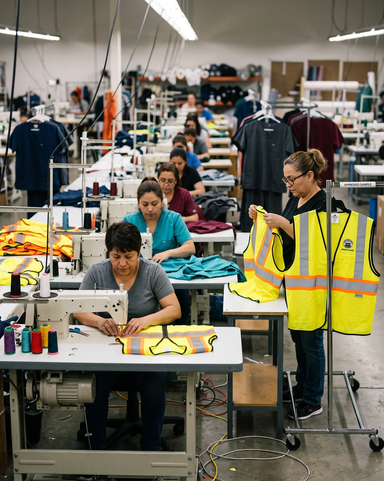 Machinists on a sewing line assembling hi-vis and scrub garments