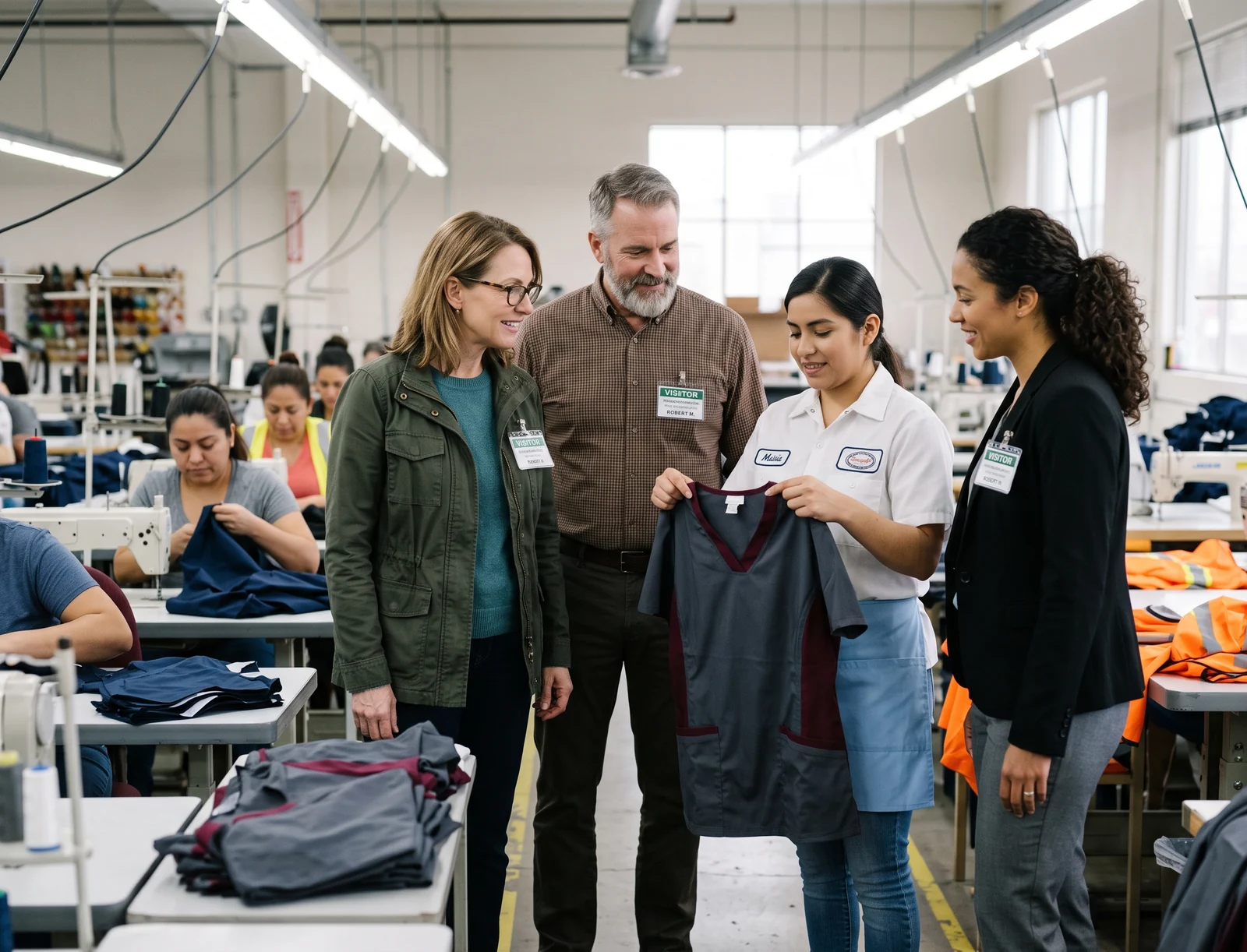 Two buyers and an account manager looking at a first piece beside a sewing line