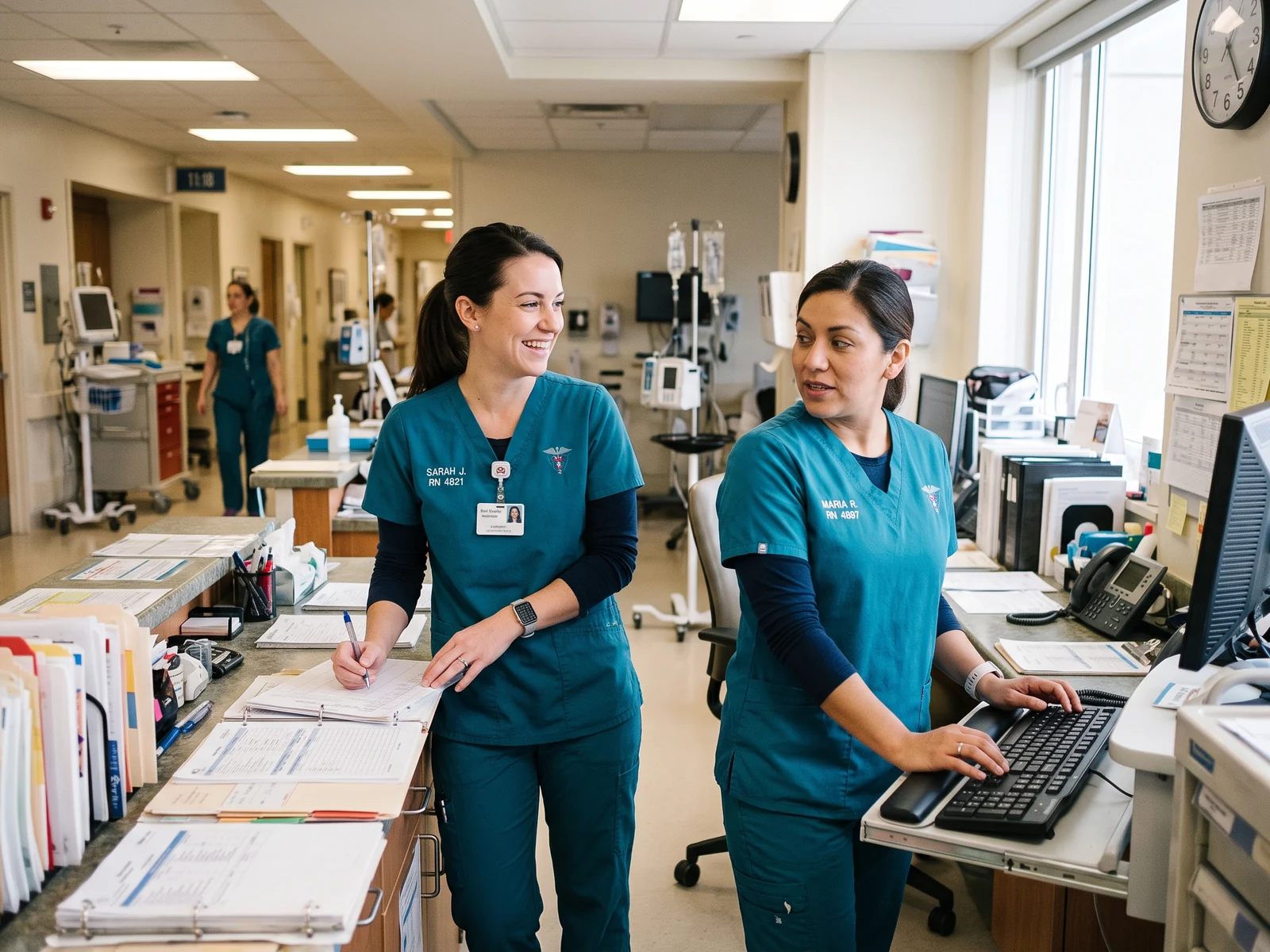 Two nurses in matching teal scrubs at a hospital ward station