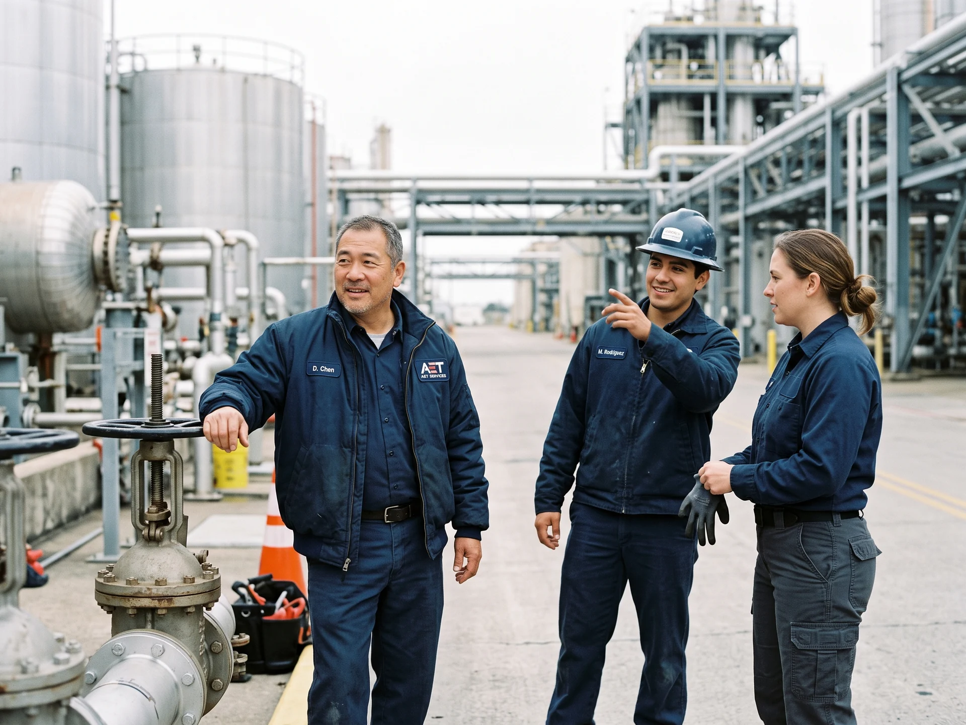 Maintenance crew in navy work shirts, work pants and insulated jackets outside a plant