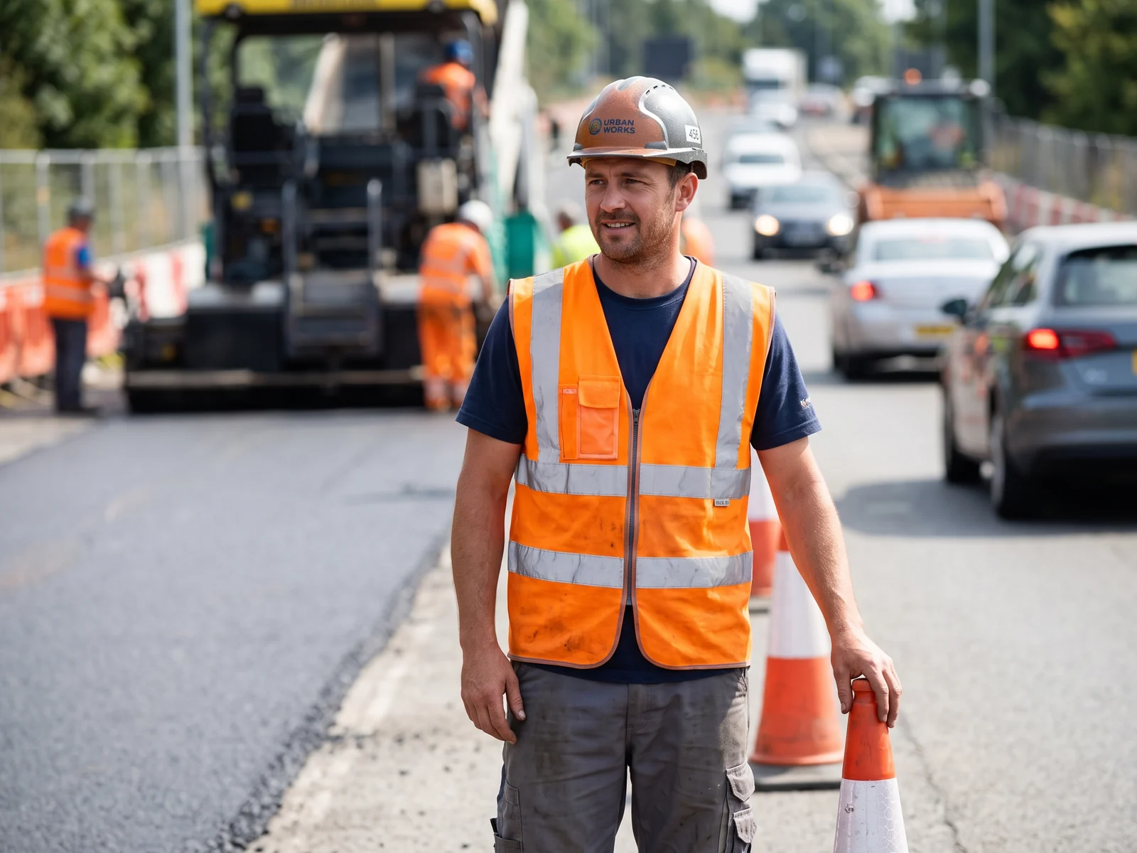 Road worker in an orange Class 3 hi-vis vest with segmented reflective tape