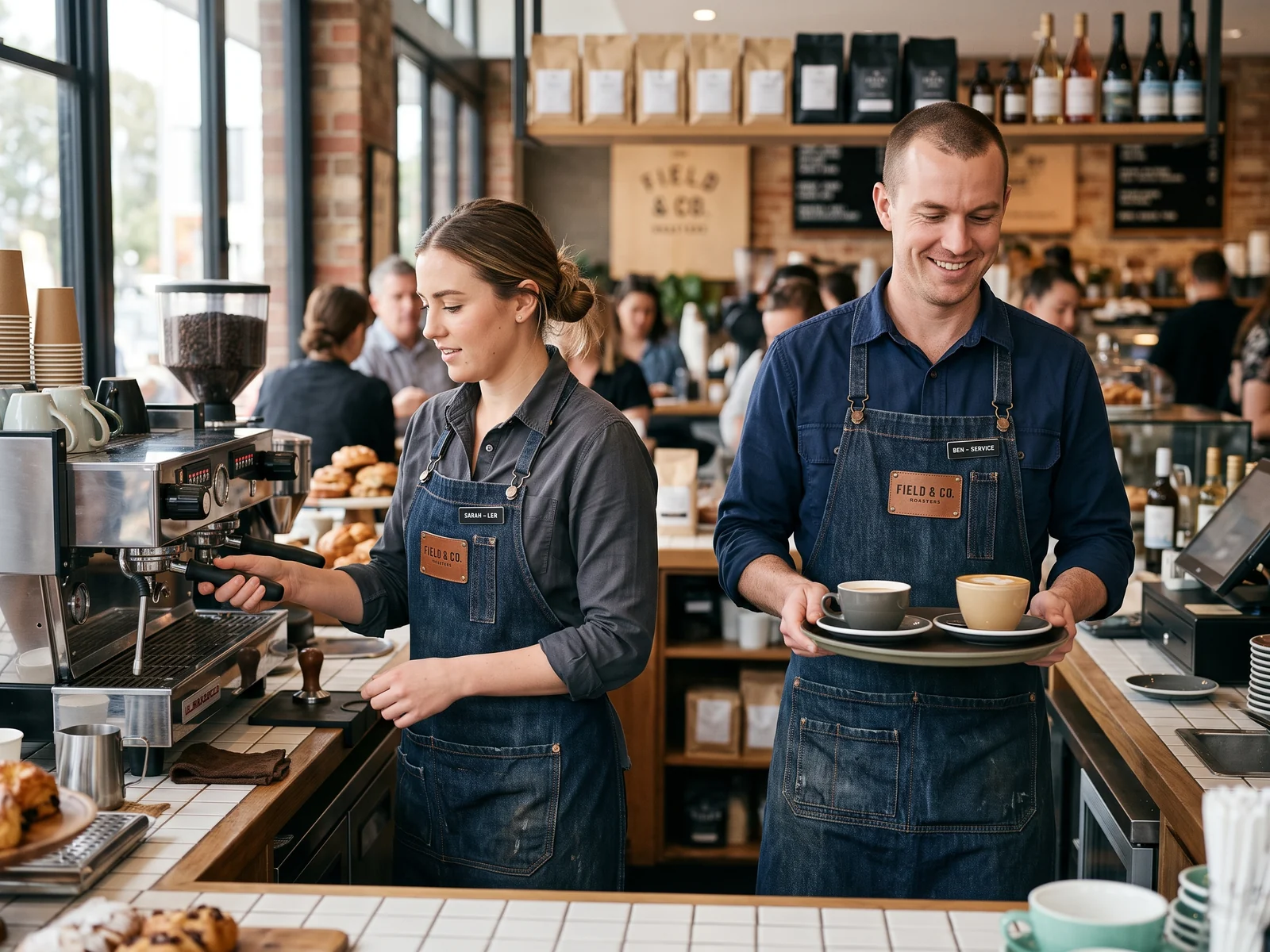 Barista and server in denim aprons and front-of-house shirts at a café counter