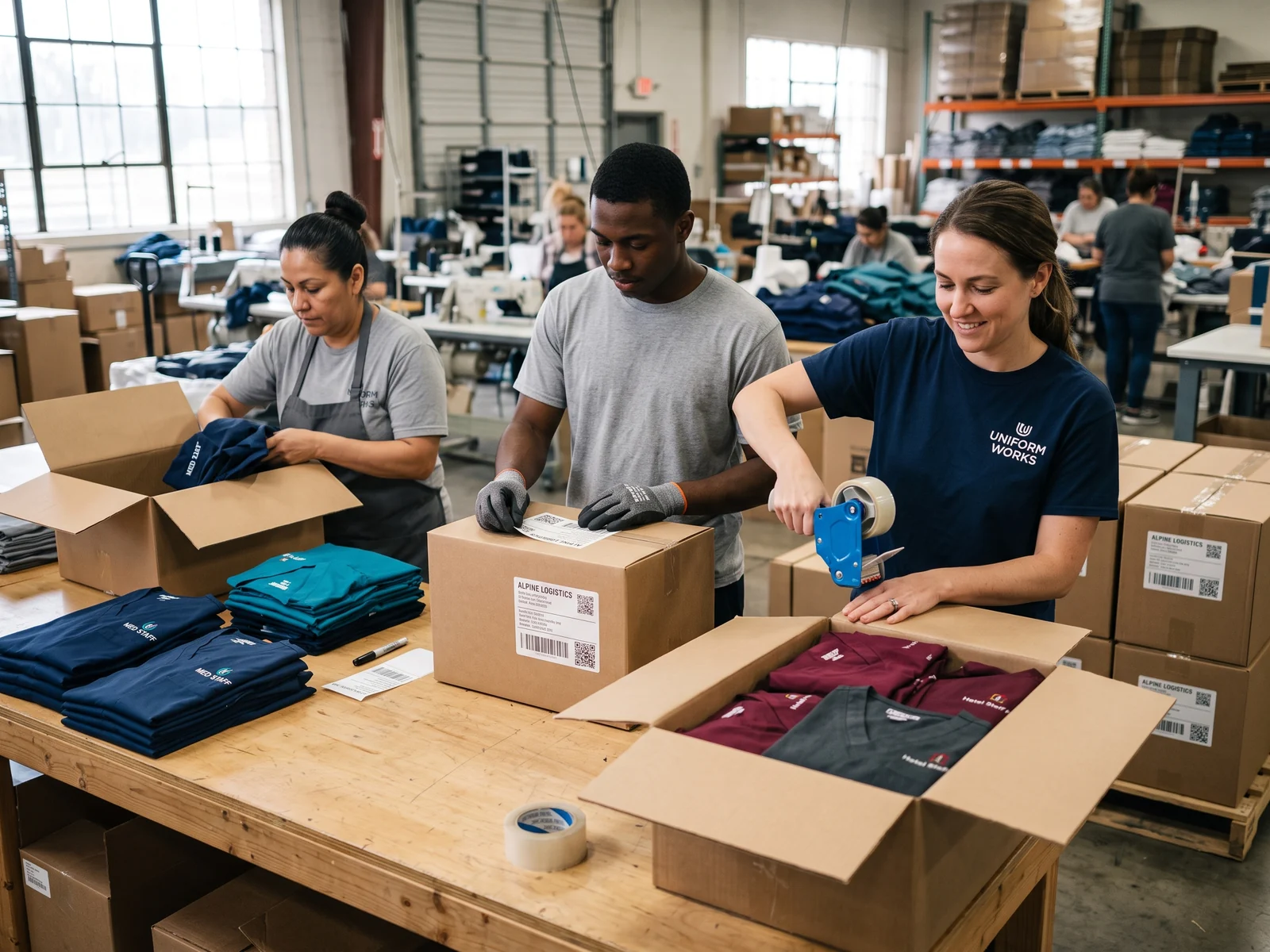 Packers sealing labelled cartons of folded uniforms