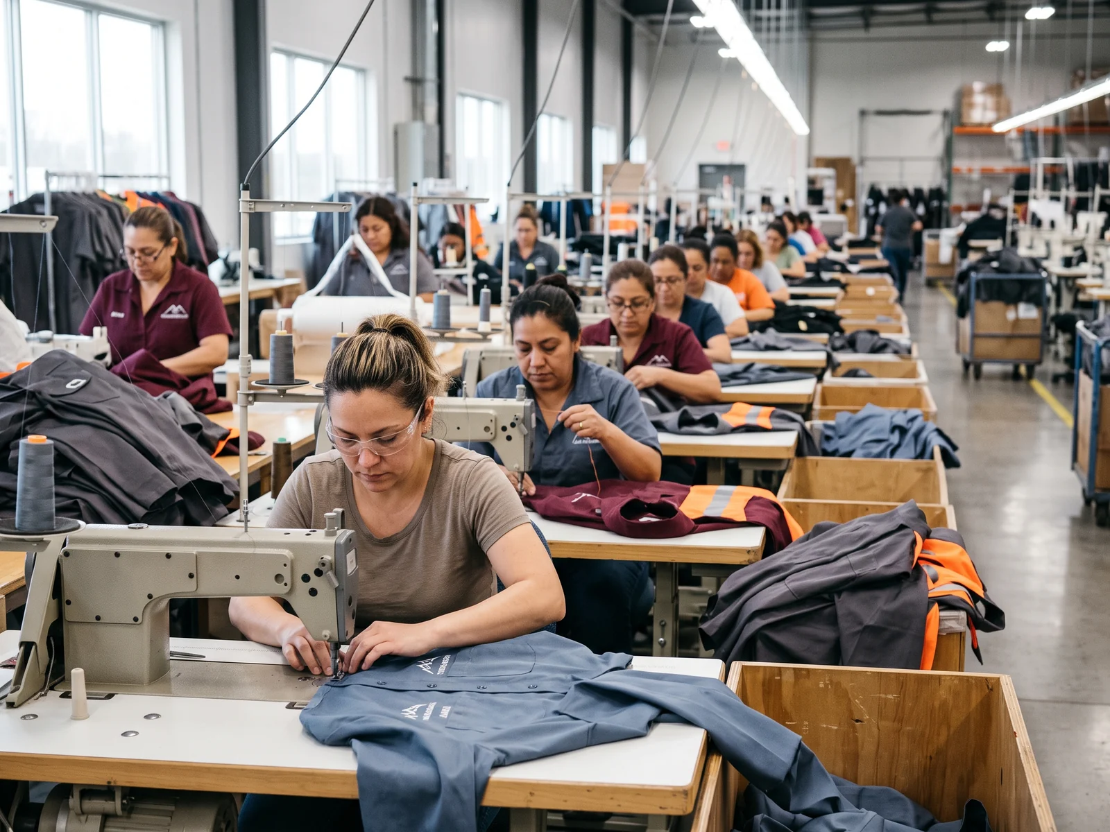 Sewing line operators assembling work shirts