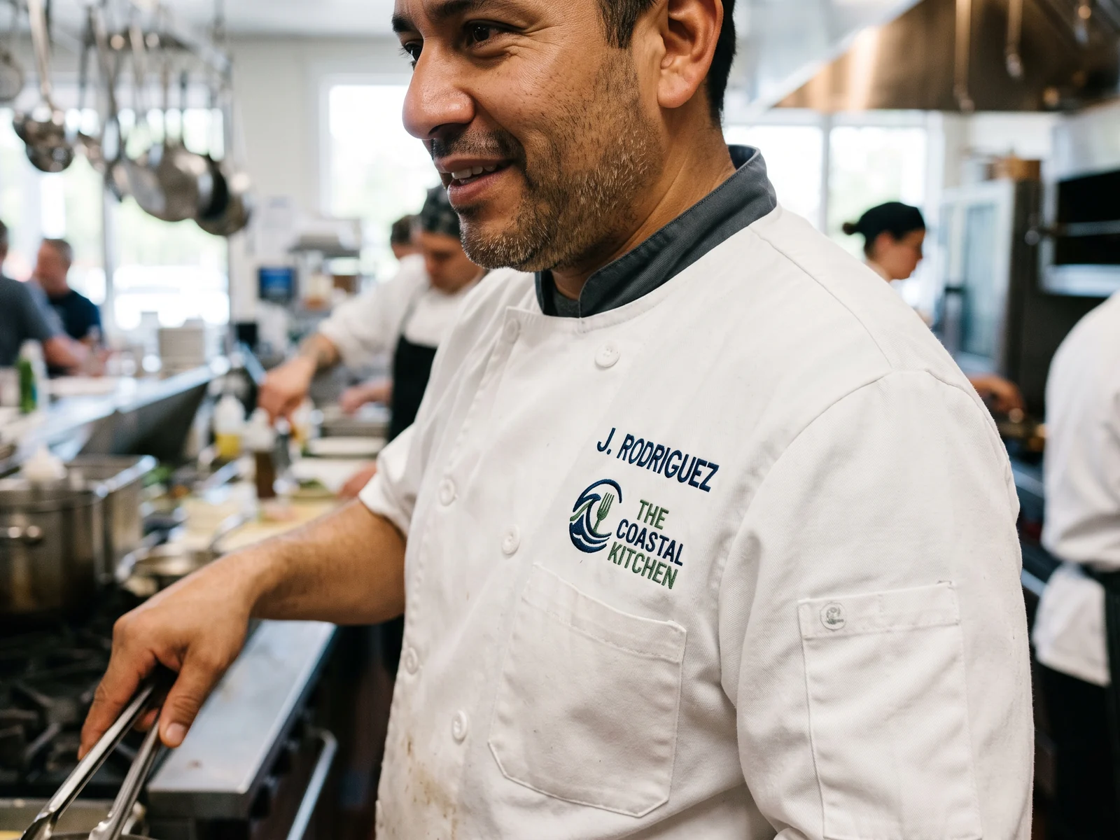 Close-up of an embroidered employee name on a chef coat