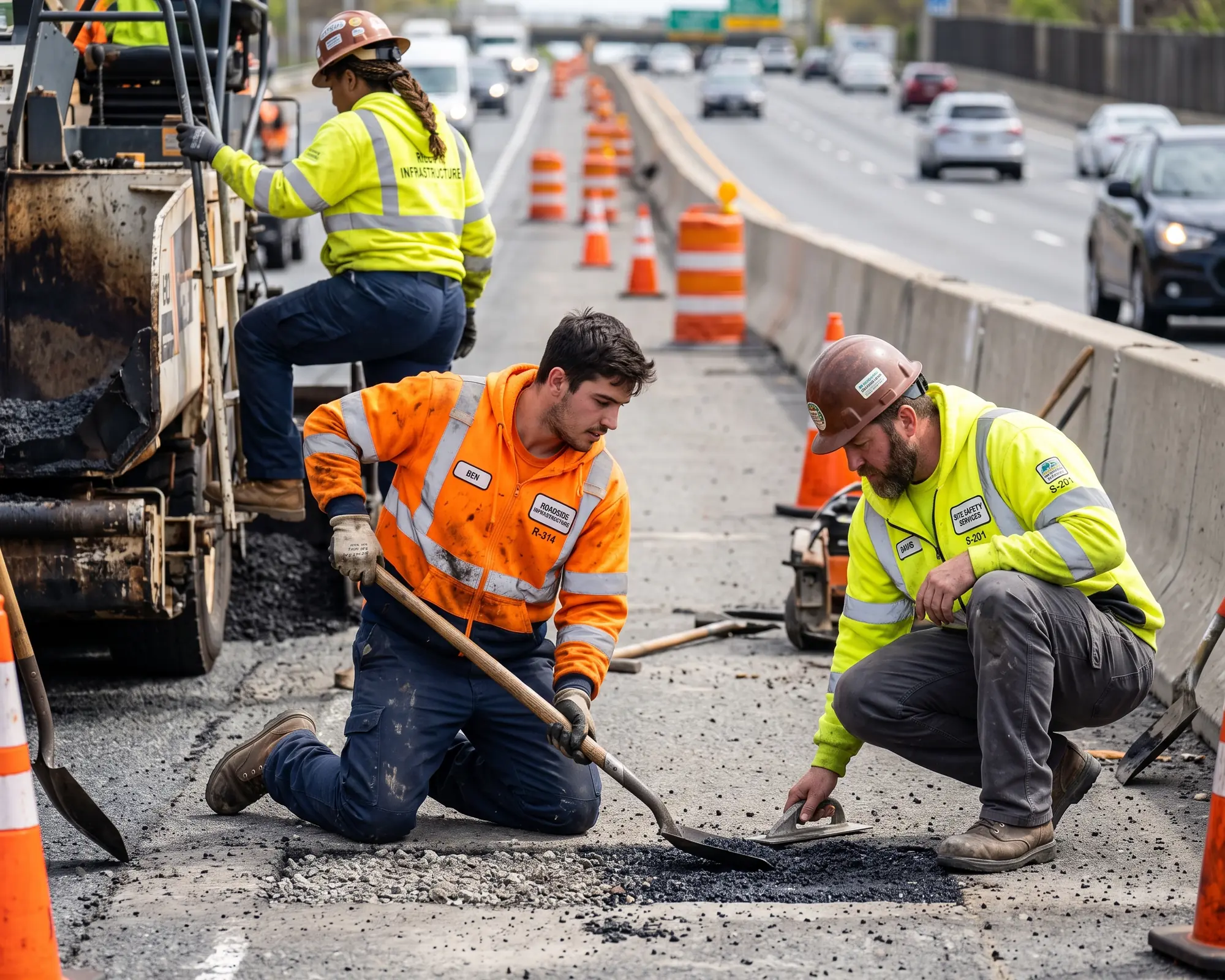 Road crew in hi-vis jackets and work pants kneeling and climbing on a highway site