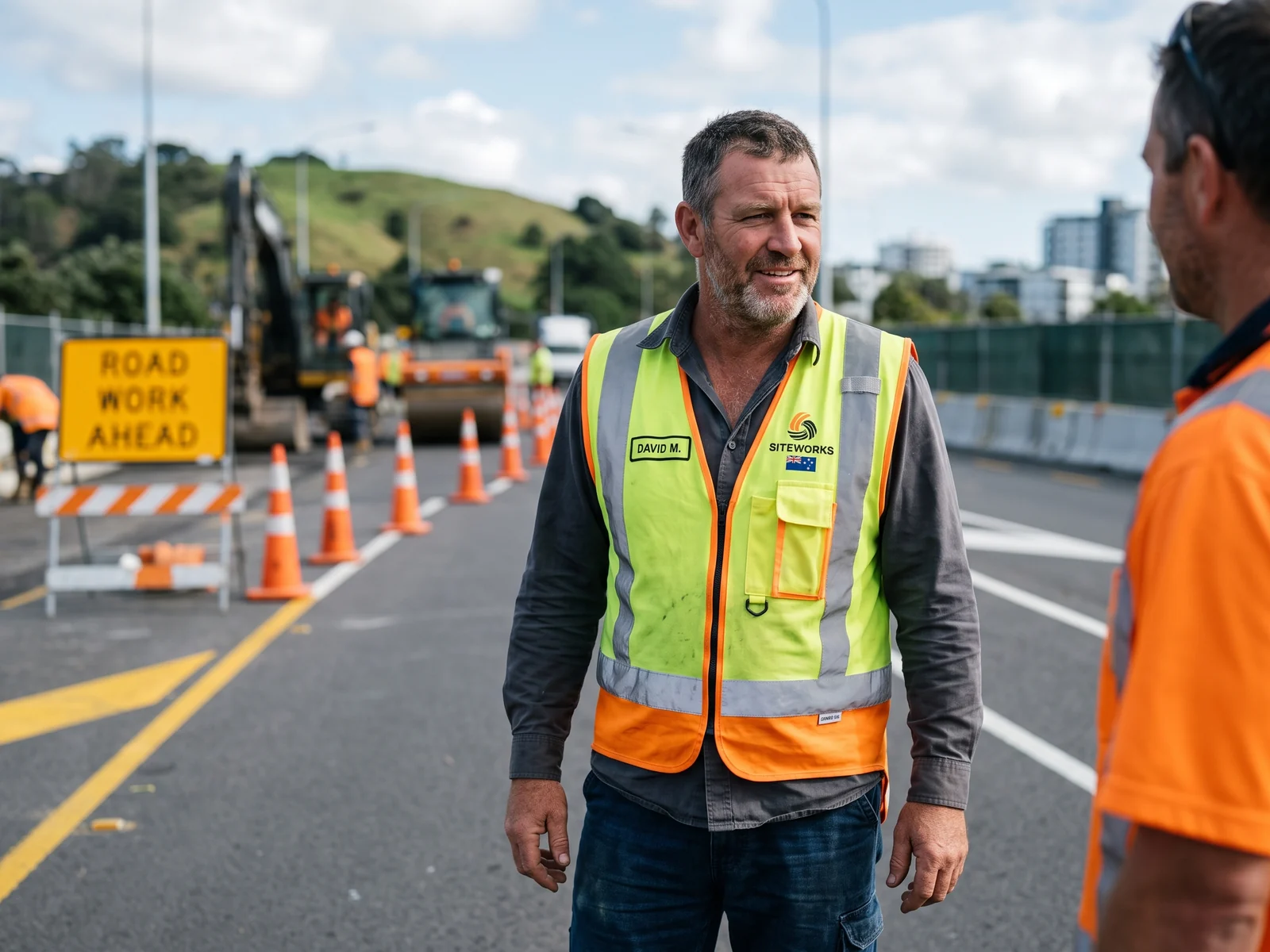 Hi-vis safety vest on a road worker