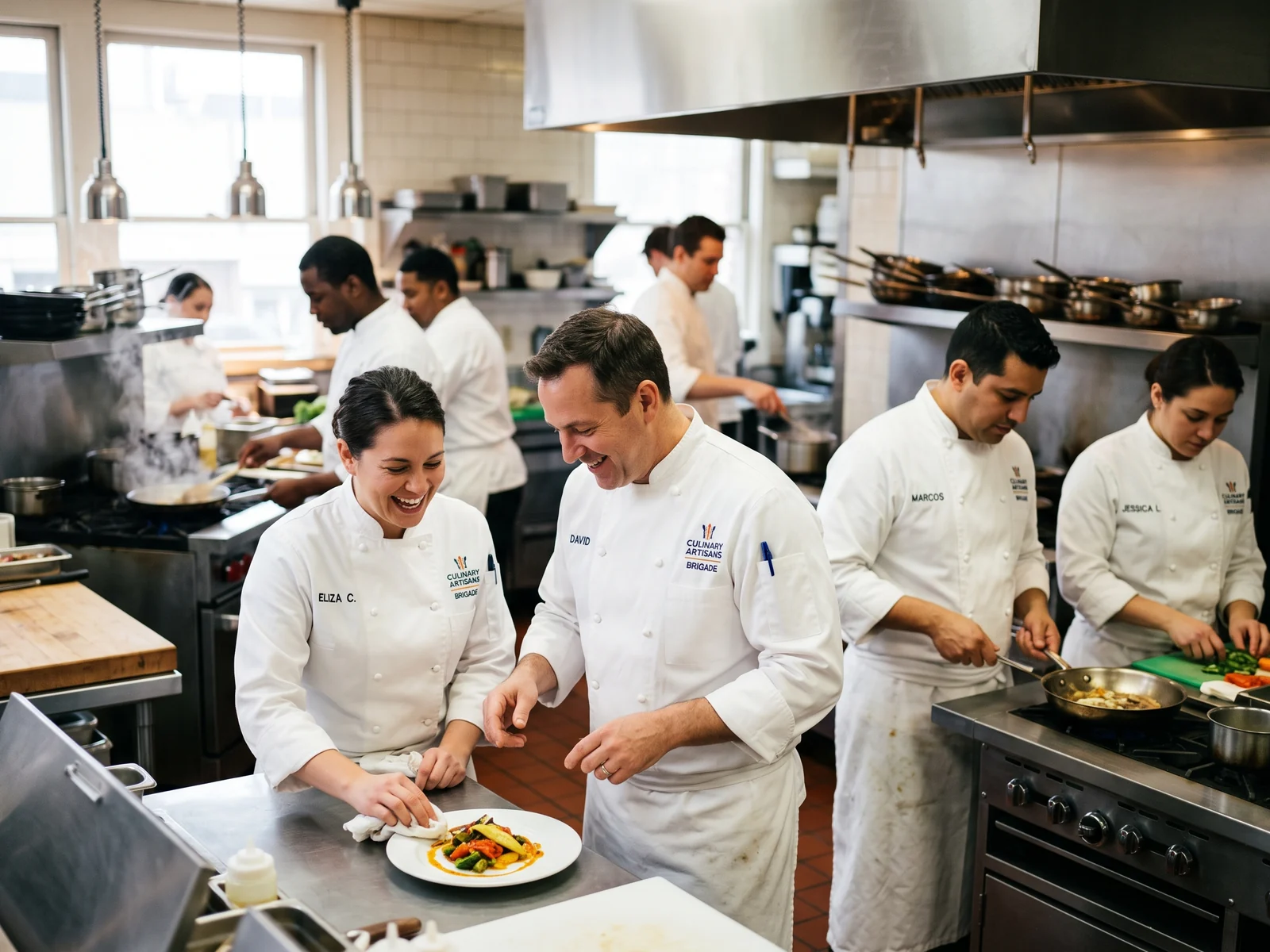 Kitchen brigade in matching chef coats with embroidered names