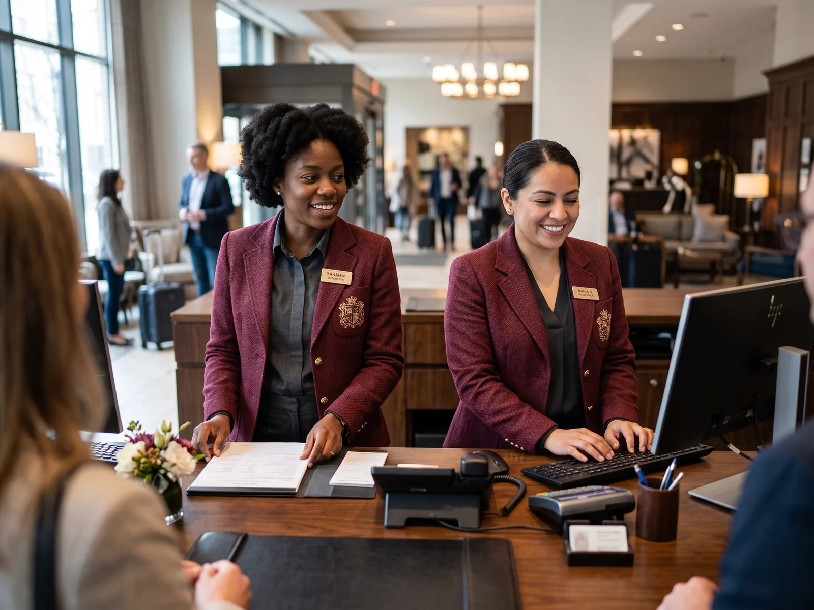 Two hotel receptionists in matching blazers at the front desk