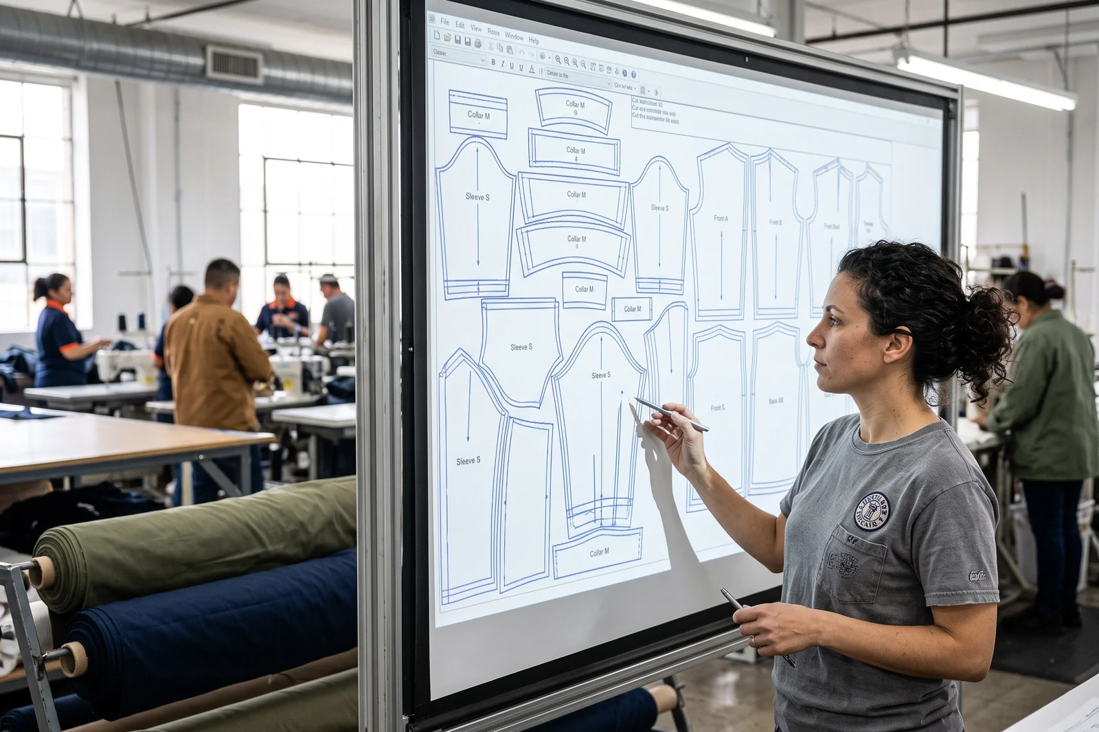 CAD marker layout for a work shirt on a pattern room screen