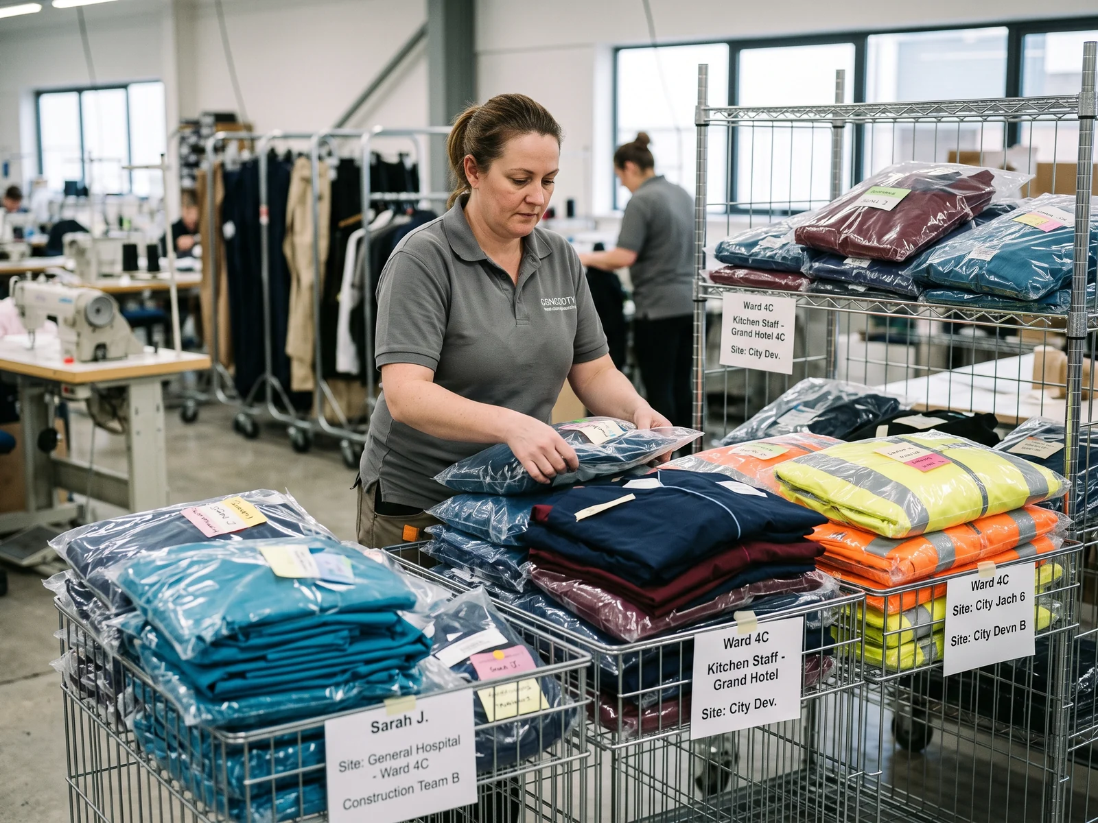 Individually bagged uniforms with name labels grouped by site