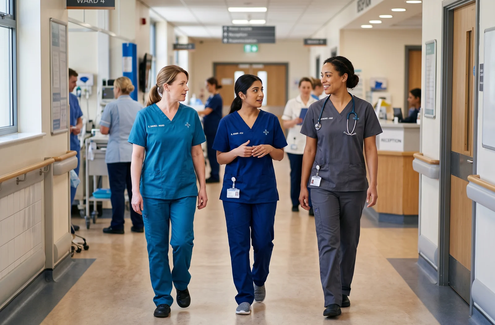 Hospital staff in scrubs of different department colours in a corridor